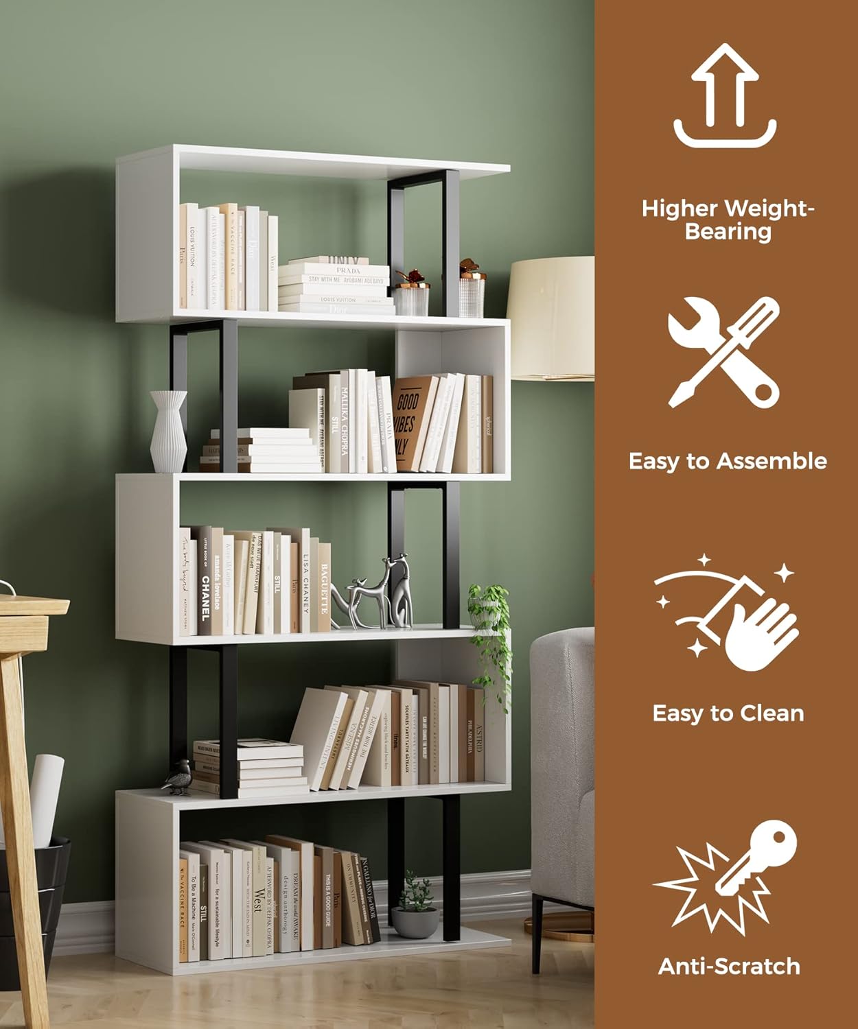 Gadroad 5 Tier Geometric Bookcase,S Shaped Bookshelf, Wood Decorative Storage Shelving, Modern Freestanding Display Shelves, Tall Book Shelf Unit for Living Room Bedroom, White