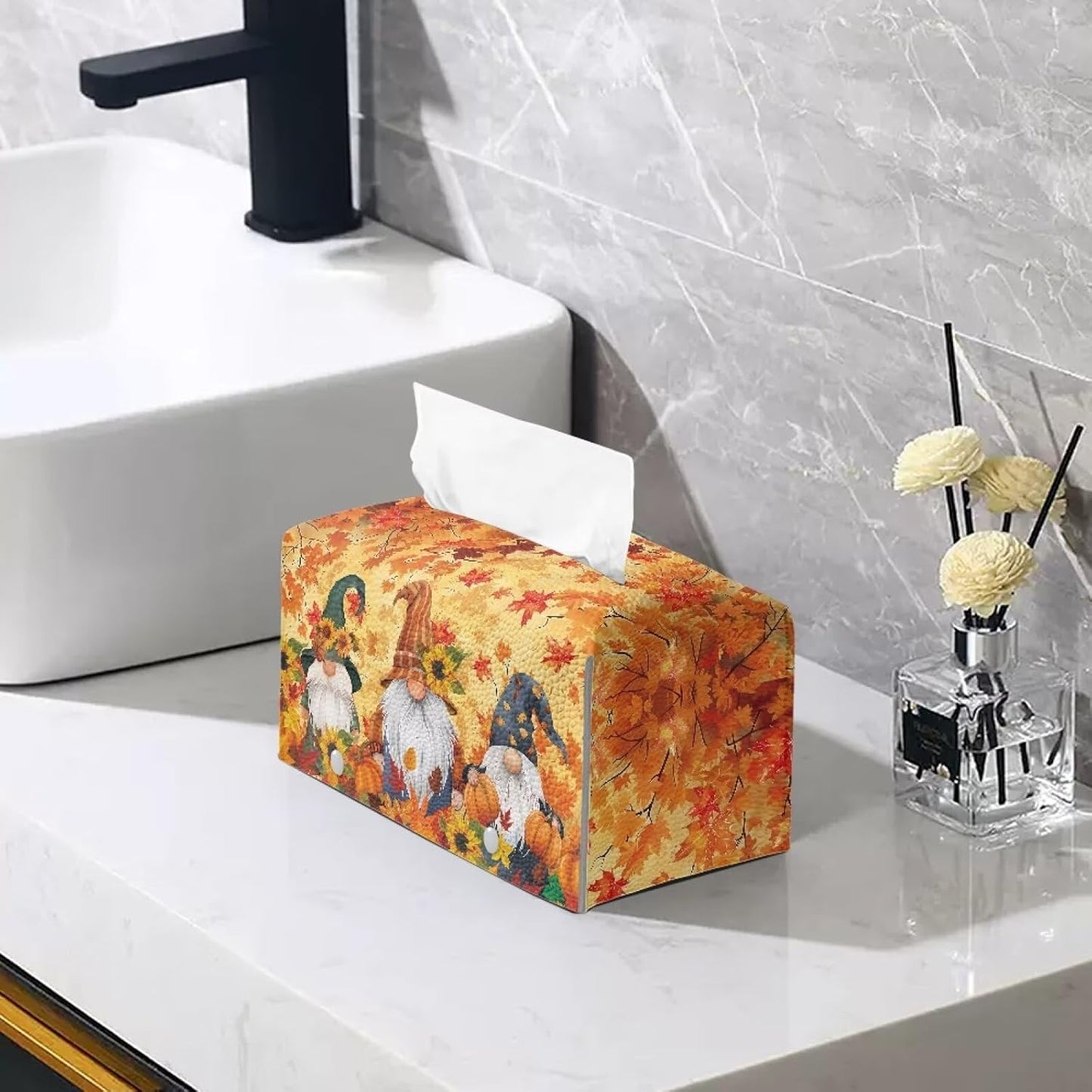 Cute Dwarf Tissue Box Cover Waterproof PU Leather Facial Tissue Holder Thanksgiving Decorative Facial Napkin Organizer with Bottom Belt for Tabletop, Countertop, Night Stands