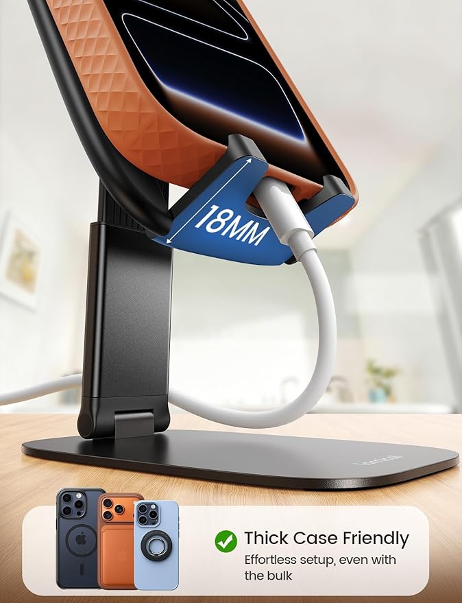 Lamicall Ultra-Thin Cell Phone Stand for Desk - [Height Adjustable] Foldable Desktop Phone Holder, Portable Mobile Stand, Office Desk Accessories Gifts for iPhone 17 16 15 14 13 Pro Max, Galaxy S25