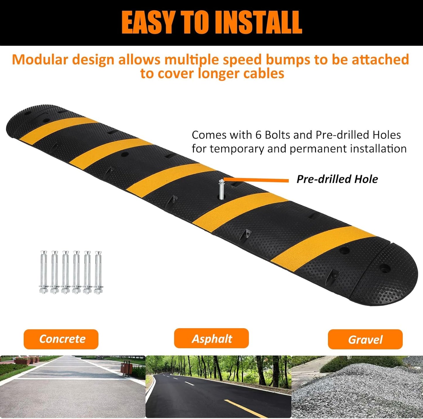 84" Rubber Speed Bumps, 1 Pack Heavy Duty Speed Bumps for Driveway Rubber Gravel Road Asphalt Parking, Modular Driveway Speed Bumps Cable Protector Ramp with 6 Bolts Spikes, 2 End Caps