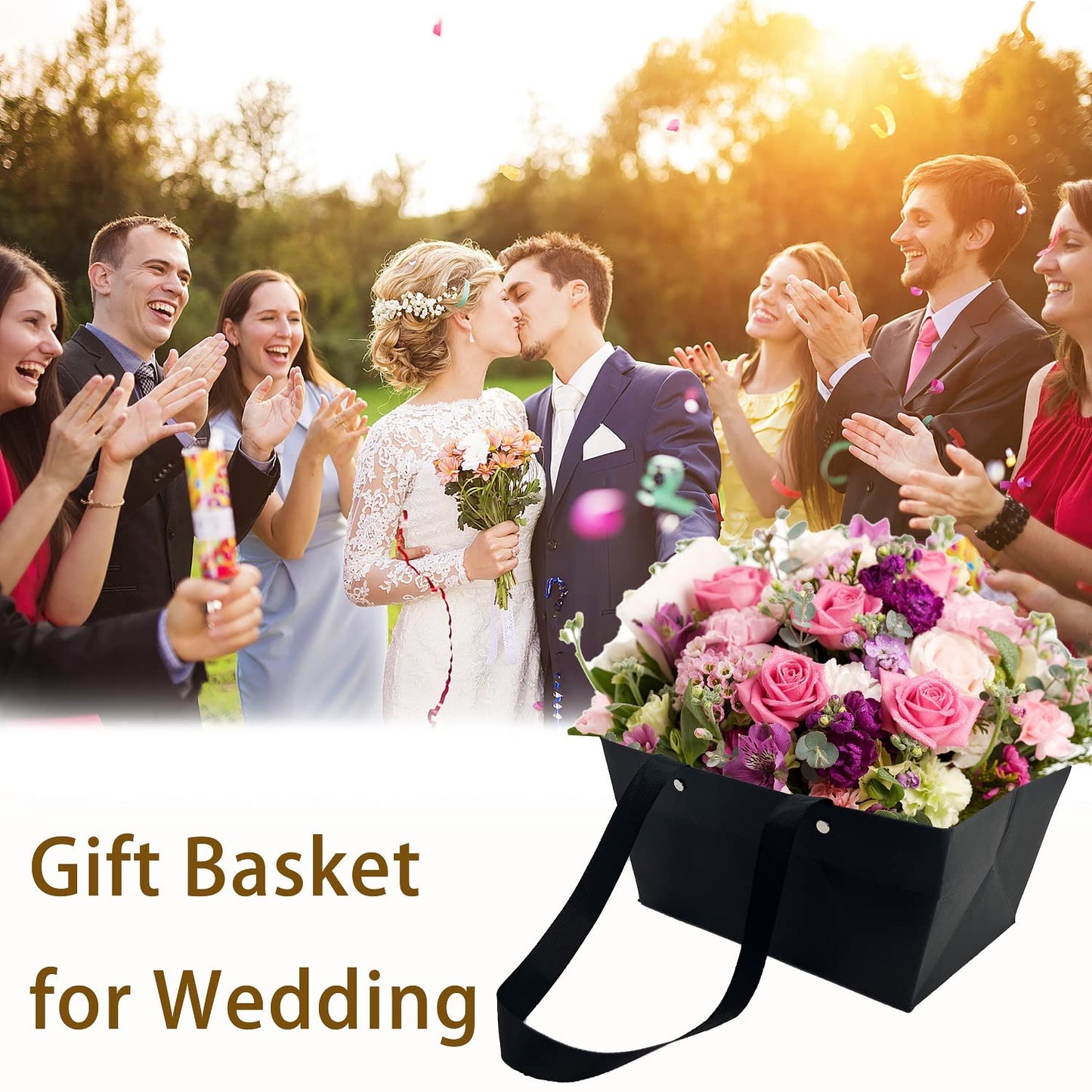 Baskets For Gifts Empty, 5 PCS Black Gift Bags With Handles DIY Kit, Gift Basket Empty To Fill Bulk For Party Favors Wedding Birthday Christmas Halloween Sympathy Thank You