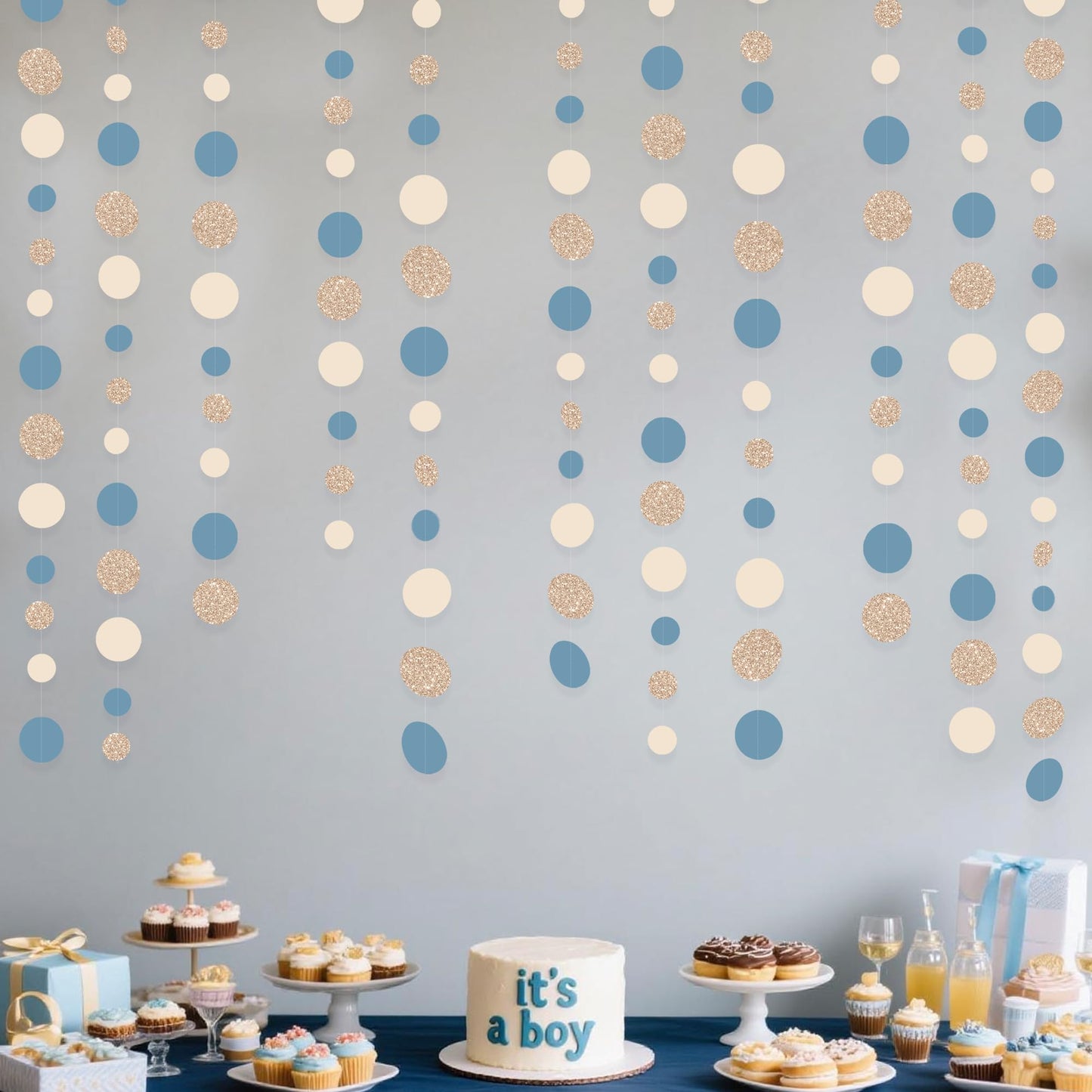 Champagne Gold Dusty Blue Beige Circle Dot Garland Hanging Paper Polka Dot Streamer for Men Boy Birthday Baby Shower Wedding Bridal Shower Retirement Engagement Bachelorette Party Decorations Supplies