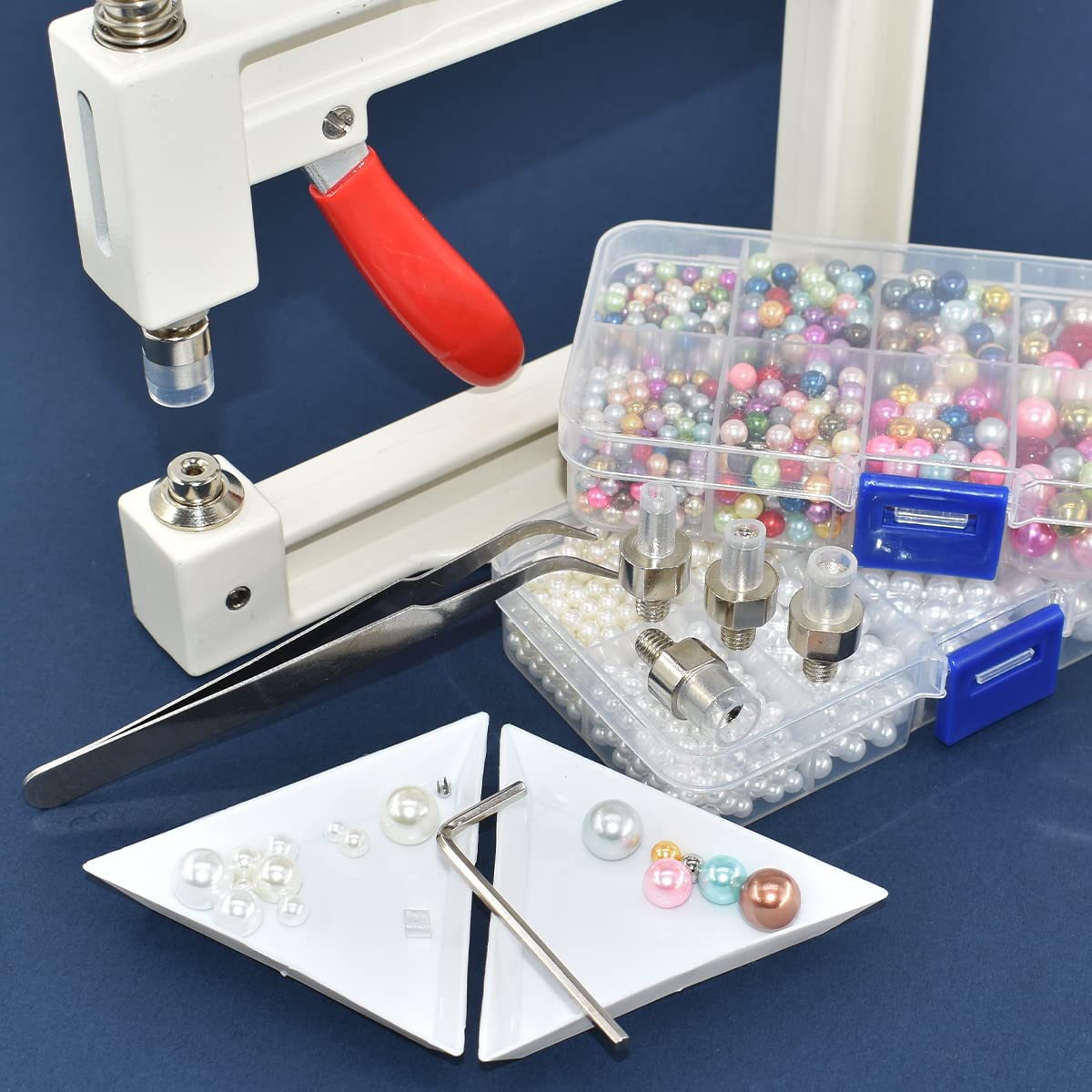 5400pcs Pearl Beads Hand Press Pearl Setting Tool Set, Beads Rivet Fixing Machine, DIY Handmade Pearl Setting Machine with Beads Nails Screw Heads Tweezers Wrench Trays for DIY Crafts Accessories