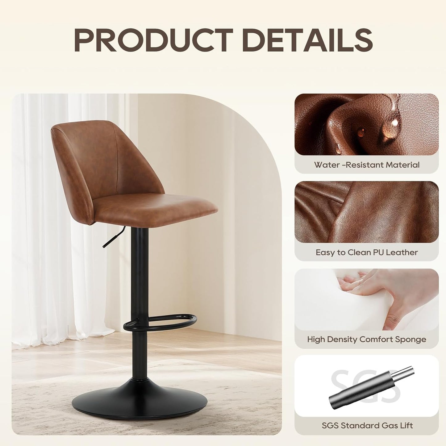 COLAMY Bar Stools Set of 6, Modern Swivel Bar Chairs, Adjustable PU Leather Upholstered Barstools Counter Height with Full Backrest for Bar, Dining Room, Kitchen Island, Brown