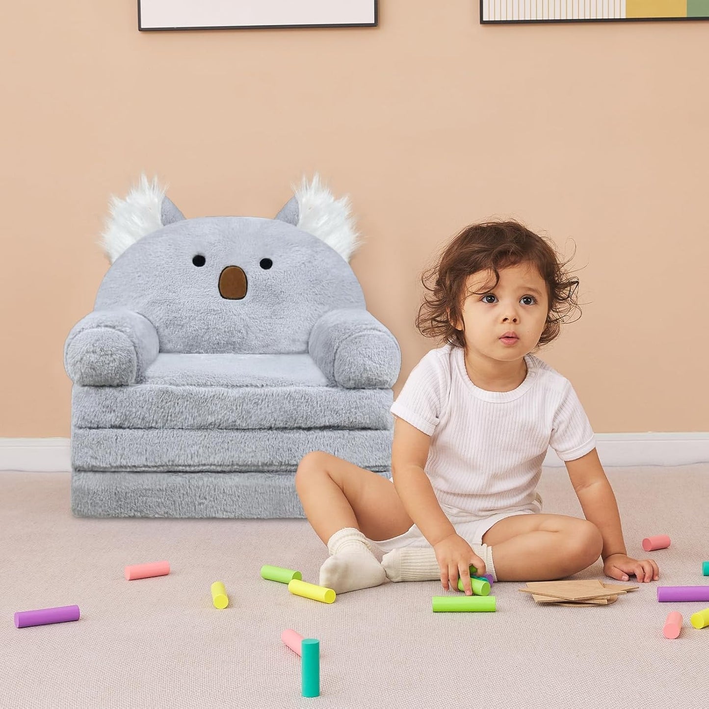 Toddler Chair with Faux Rabbit Fur – 2-in-1 Foldable Kids Couch, Koalas Design, Soft Sofa for Reading, Napping, Bedroom or Playroom Use, 18 Months+ （Koalas）