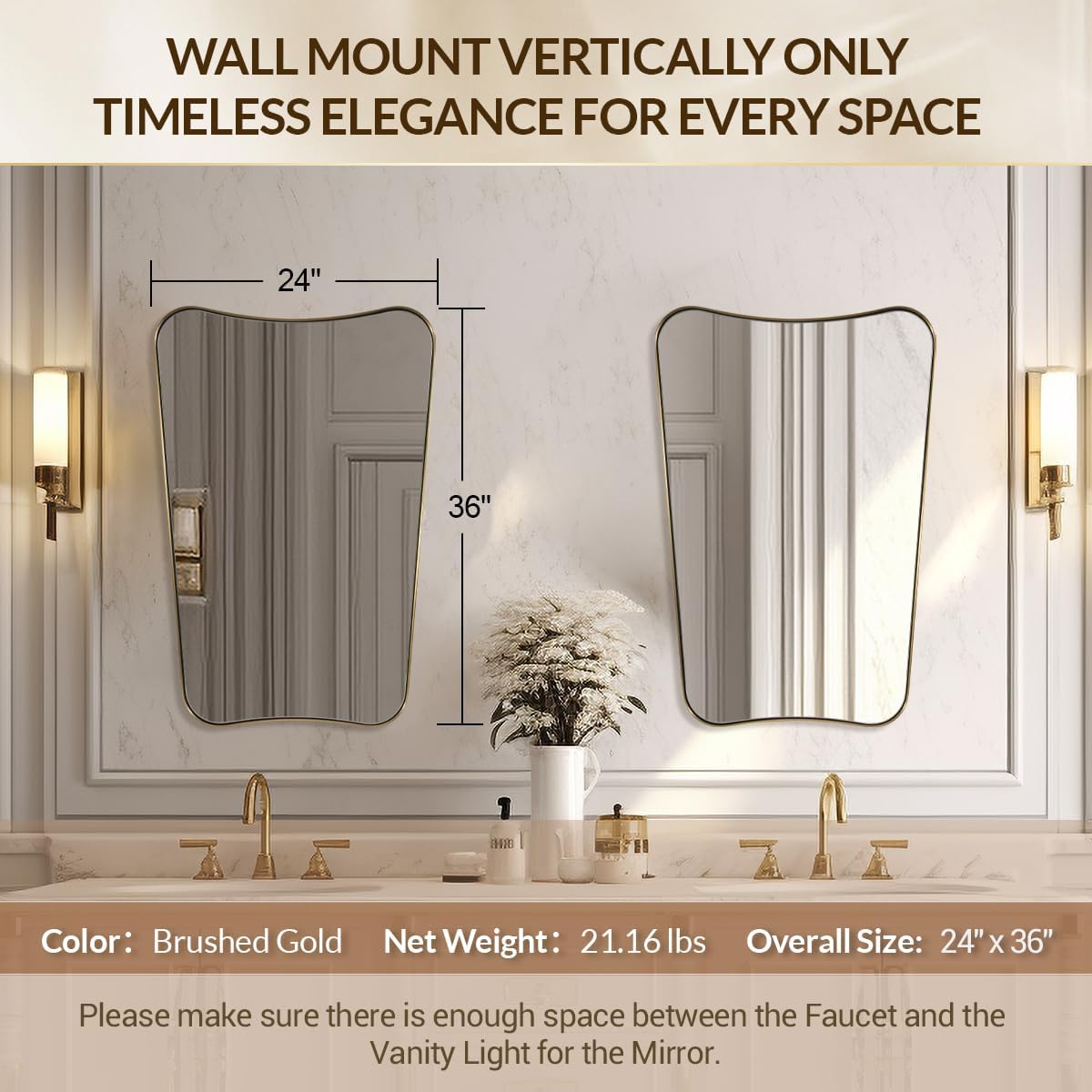 Gold Bathroom Mirror, Irregular Wall Mirror with Anti-Rust Metal Frame, 24x36 Butterfly Mirror for Wall Decor, Bedroom, Dining Room, Powder Room, Entryway, Mantel, Foyer