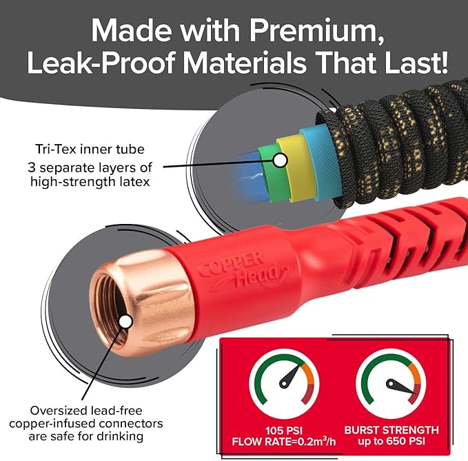 Pocket Hose Copper Head Expandable Garden Hose 75ft with Pocket Pivot, No Tangles, AS SEEN ON TV, 360° Swivel, Tri-Tex Tubing, Force Field Jacket, Lead-Free, No-Kink, Anti-Burst w/APT
