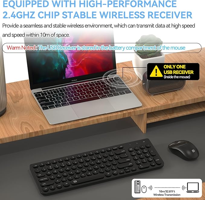 Wireless Keyboard and Mouse Combo, FD iK6630 2.4GHz Cordless Cute Round Key Set Smart Power-Saving Quiet Slim Combo for Laptop, Computer,TV and Mac