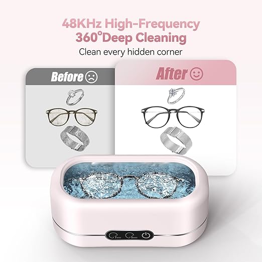 Jewelry Cleaner Ultrasonic Machine, Upgraded 48KHz Ultrasonic Cleaner with 304 Stainless Steel for Jewelry, Eyeglasses, Rings, Watch Strap, Dentures-Pink