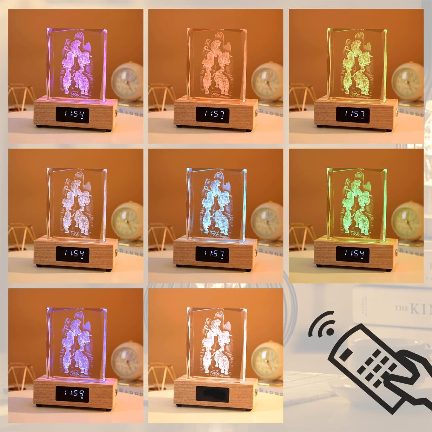 Personalized Rectangular Night Light 3D Crystal Light Custom Photo Engraving LED Light Color Change with Clock Base Personalized Gift Men Women Home Christmas Decoration
