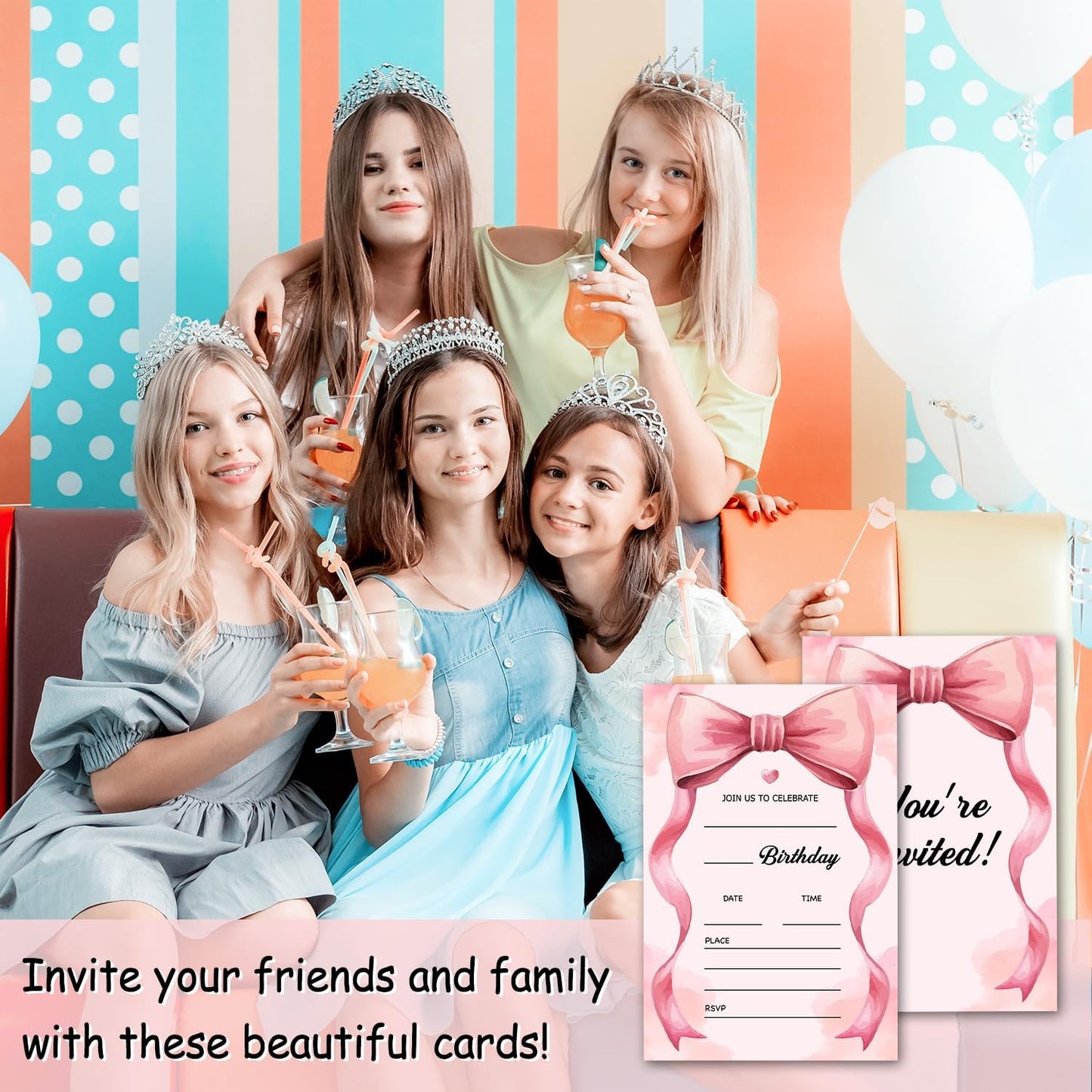 Pink Bow Birthday Invitations, Cute Bow Party Invitations, 20 Double-Sided Fill In Invitation with Envelopes for Girls Women, Birthday Party Decorations Favor