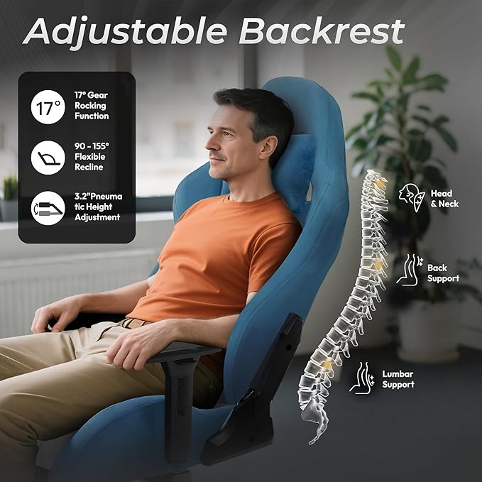 Dowinx Big and Tall Gaming Chair with Suede Fabric Breathable, Game Chairs for Adults with Oversized Thick Seat for 440lbs, Ergonomic Gamer Chair for Streaming & Long Gaming Sessions, Blue
