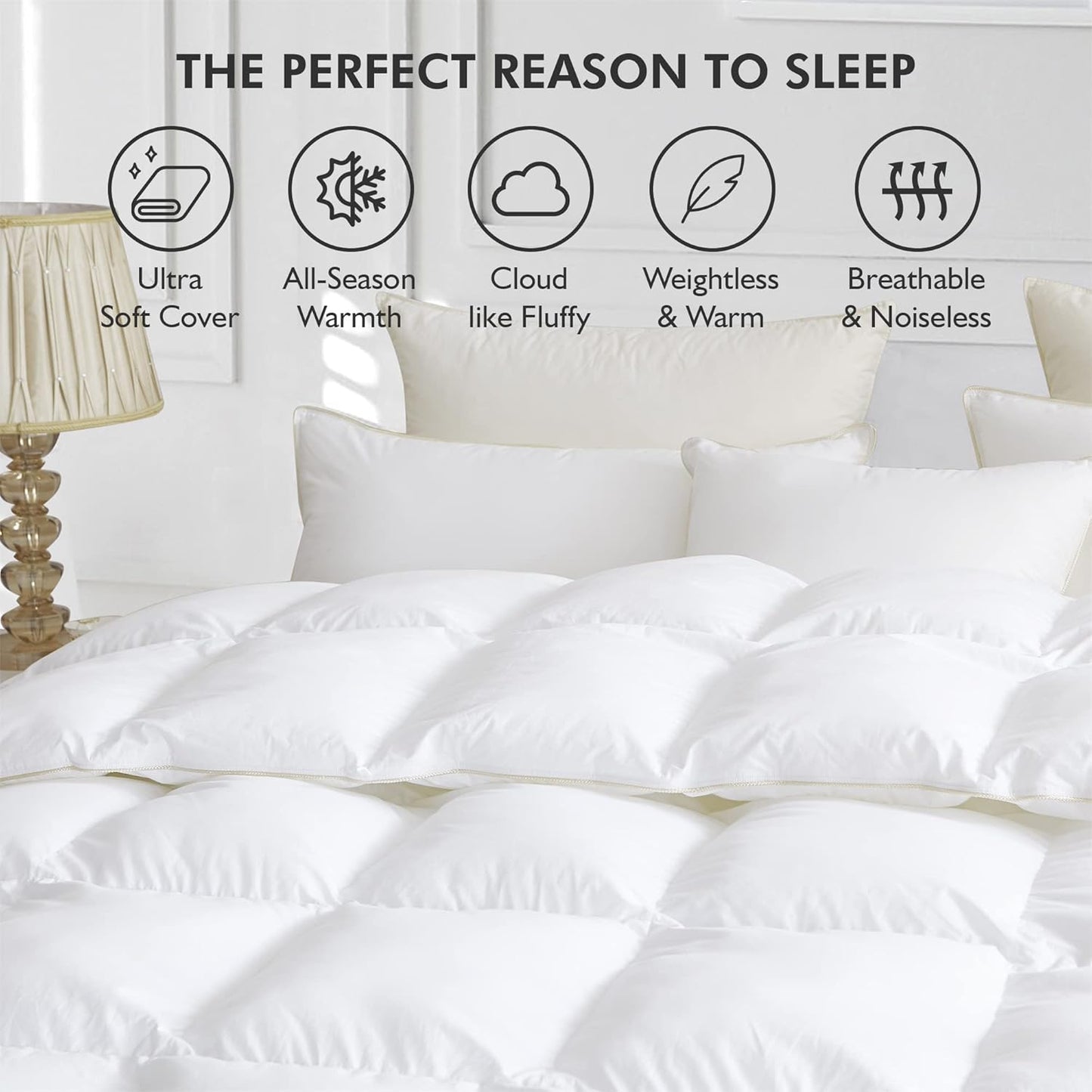Luxurious White Solid Medium Weight, Oversize California King Size Goose Feathers Down Comforter for All-Season, 108 X 98 inches, Premium Baffle Box, 100% Egyptian Cotton Cover, 80 oz. Fill Weight