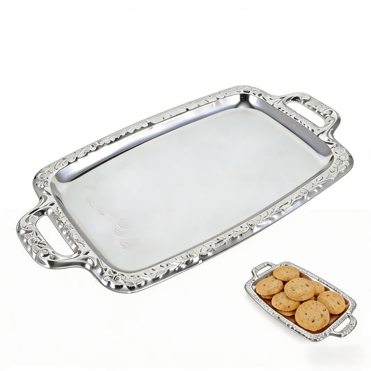 Rectangular Silver Serving Tray, Vintage Metal Tray for Whiskey Decanter Candlesticks Vanity Perfume and Snack Bread Breakfast Fruit Serving Dish