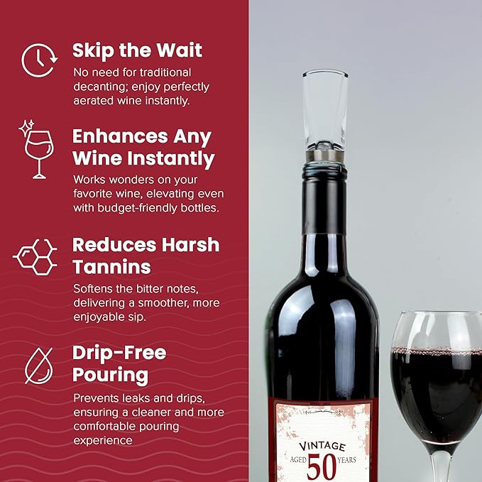 Wine Aerator and Pourer, Wine Aerator for Enhanced Flavor, Refined Aroma, Smooth Rich Finish, No Drip Design, Travel Friendly, Affordable Gift for Wine Lovers, Clear and Stainless Steel Design