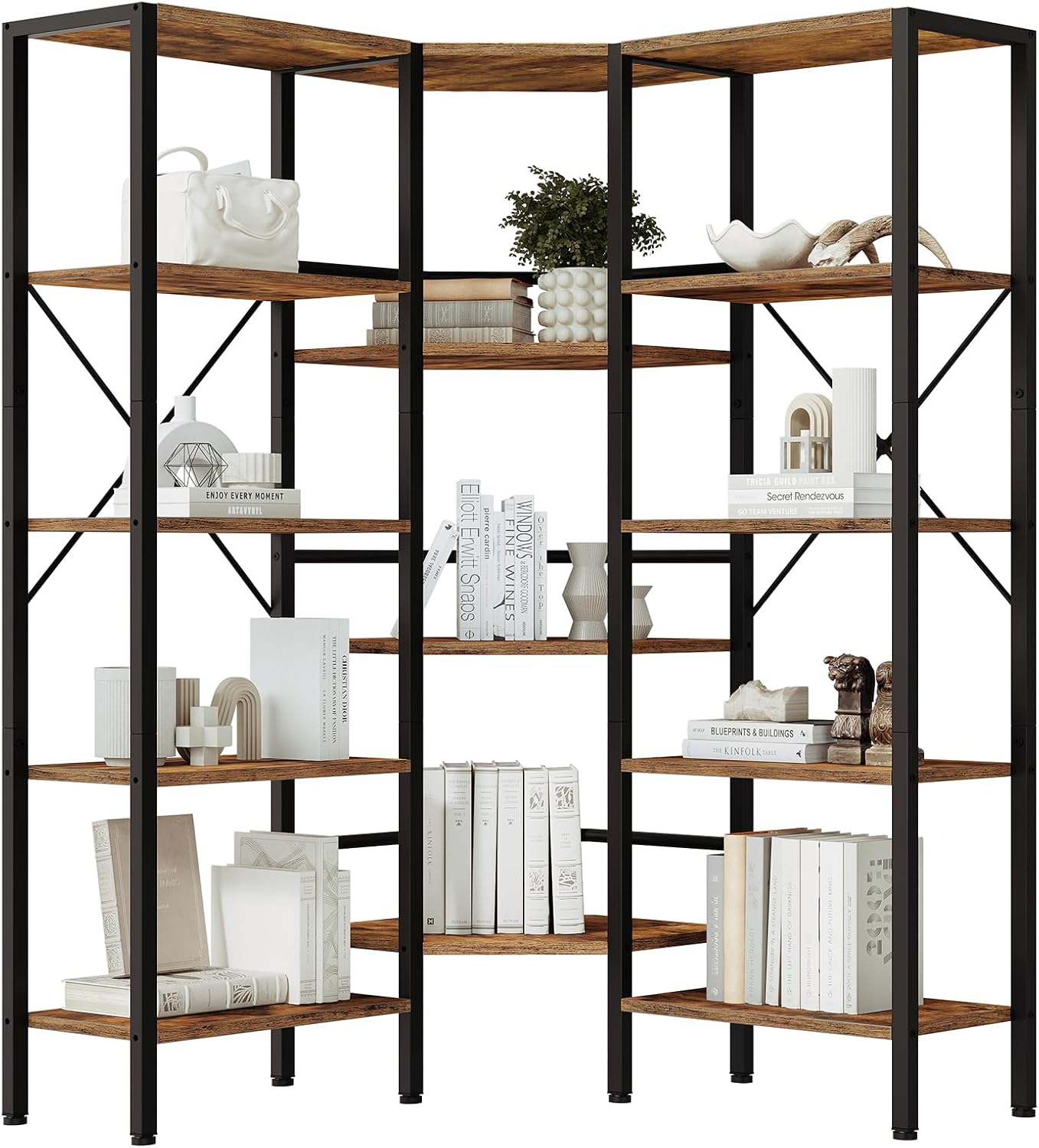 HOOBRO Industrial Corner Bookshelf, 5-Tier L-Shaped Bookcase, Open Display Storage Rack, Floor Standing Storage Shelf, for Living Room, Bedroom, Home Office, Rustic Brown and Black BF68SJ01