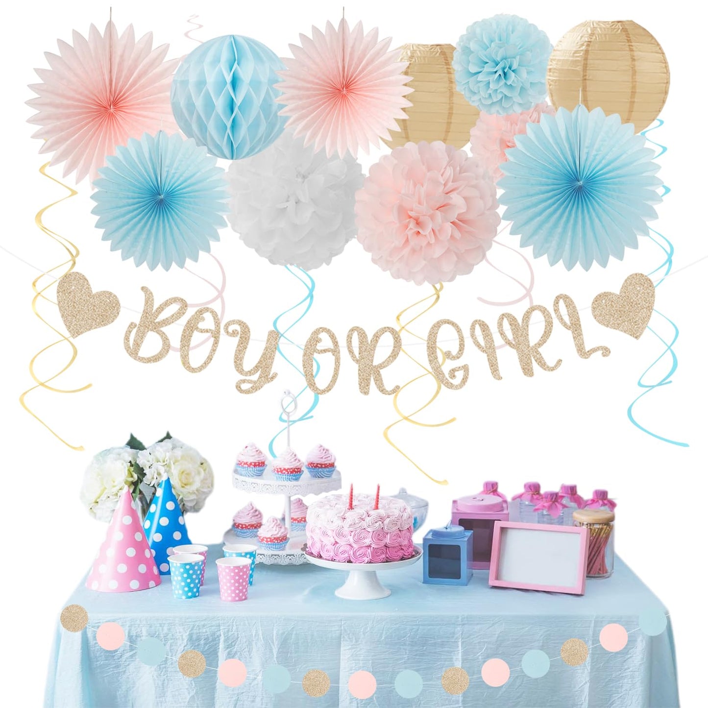 Light-Pink Blue Champagne Gender-Reveal Party-Decorations - 22pcs Boy Or Girl Banner,Neutral Paper Lanterns Streamers,Tissue Pom Poms Flowers Fans Bear Theme Decor Supplies Hugmoon