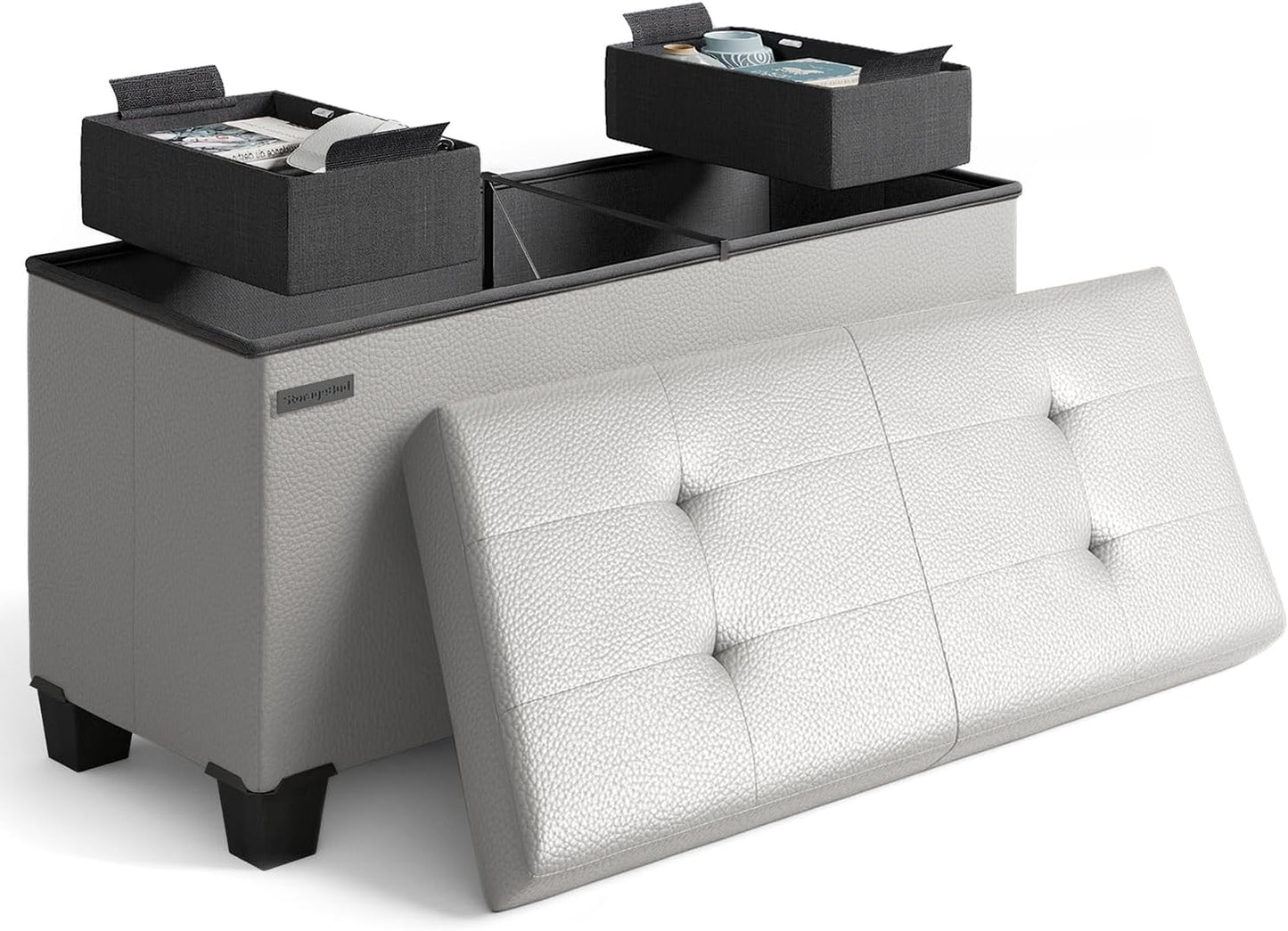 STORAGEBUD Storage Ottoman Bench with Bins, 30-in Storage Bench for Bedroom End of Bed, Folding Foot Rest Ottoman for Living Room Max 660lbs, Faux Leather Ottomans, Light Grey