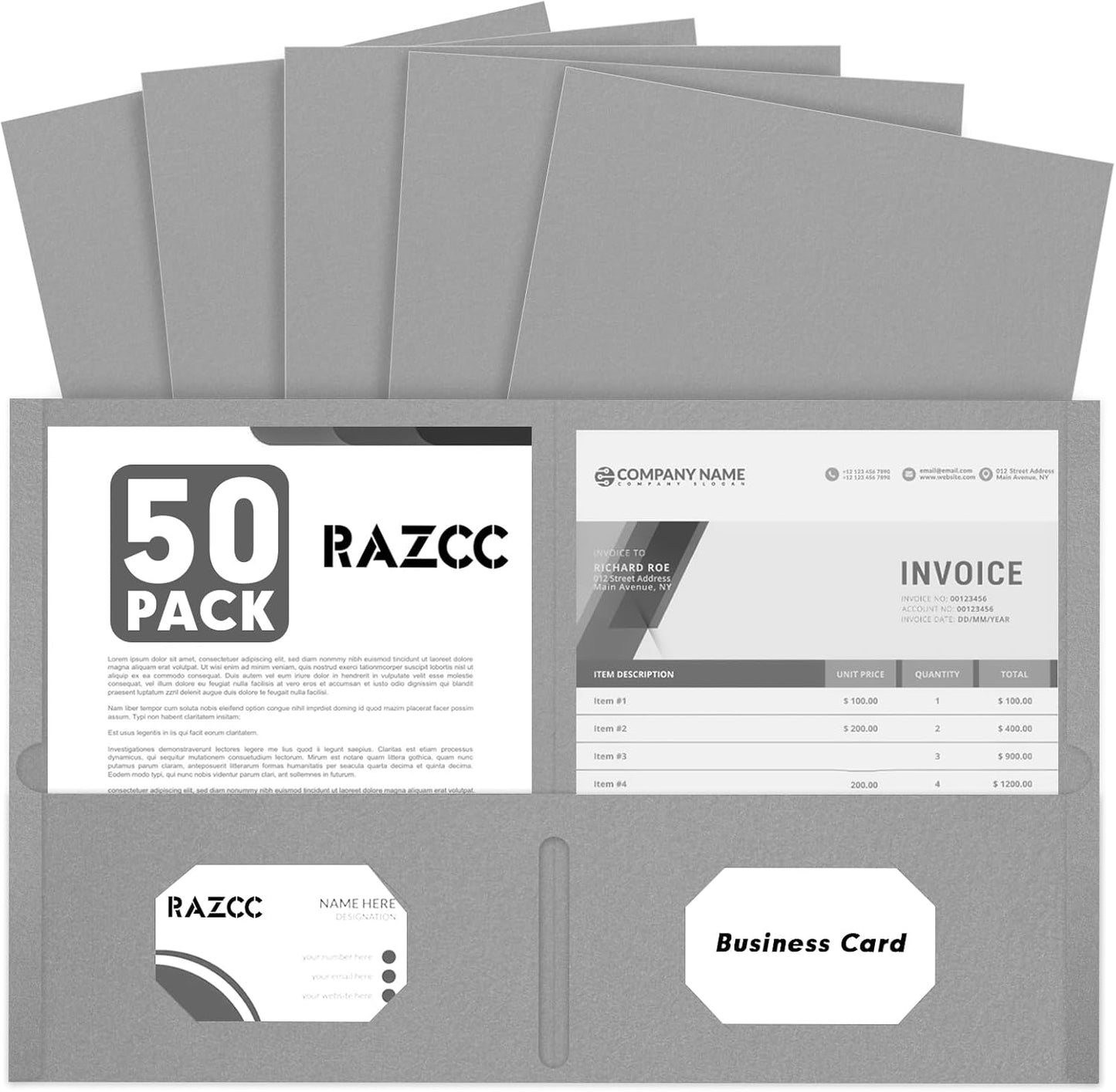 Two Pocket Folders, 50 Pack, Letter Size, Grey