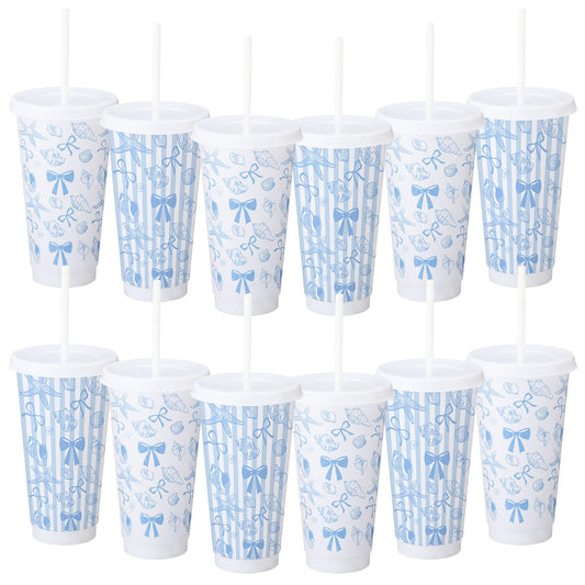 Pickmesh 12 Pcs 24 oz Coastal Blue Bow Plastic Cups with Lids and Straws Bulk Coastal Ocean Party Decoration Supply Blue Shell Reusable Tumbler for Birthday Wedding Baby Shower Party