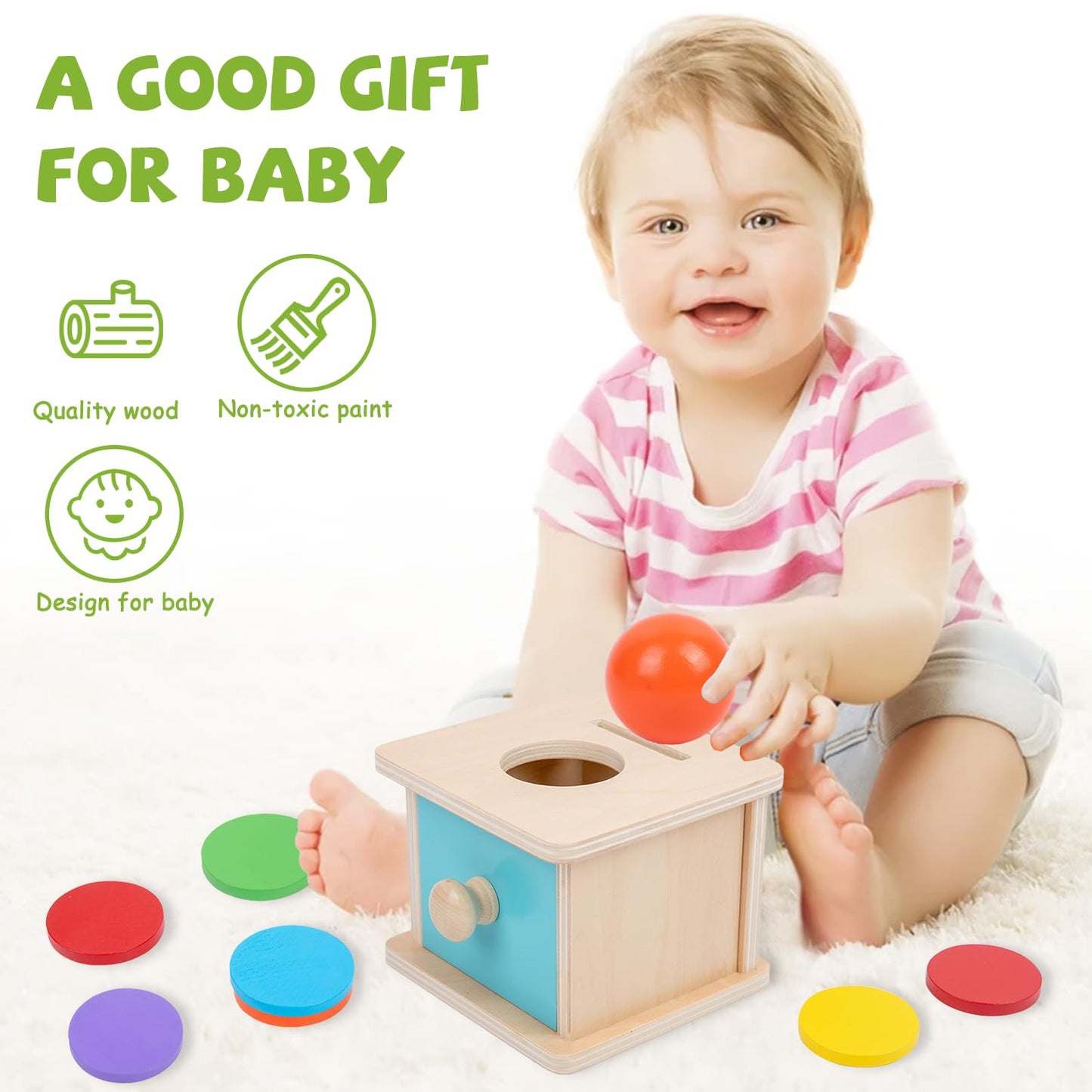 Adena Montessori Infant Toddlers Coin Box Montessori Toys for 6-12 Months Babies 1 Year 2 Year Old (2 in 1,Coin&Ball, Blue Door)