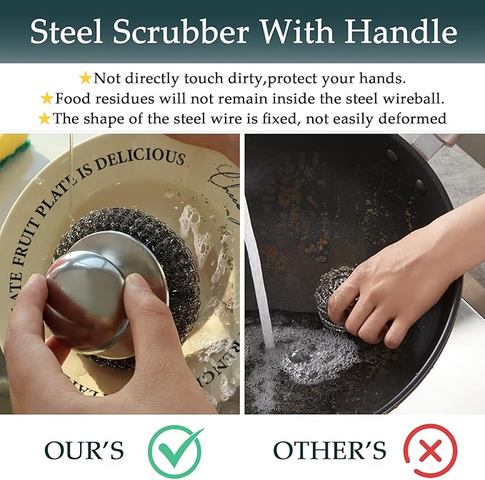 Stainless Steel Wool Scrubber Set, 2 Handles with 4 Replacement Pads, for Pots Pans Grills