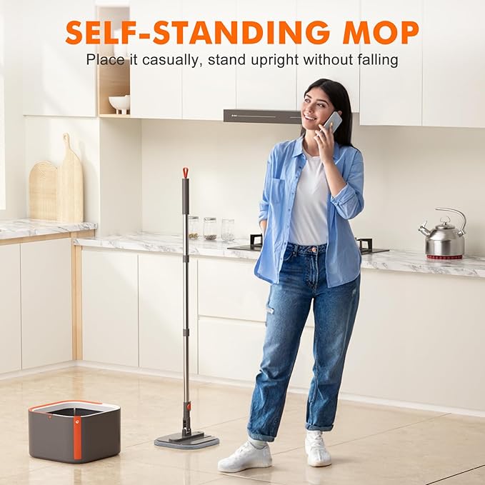 Upgraded Self-Standing Spin Mop and Bucket System, Detachable Inner Mop Bucket Separates Dirty Water & 90° Foldable Head, Triple-Scrub System, 0.9Gal Dual Drainage, for Hardwood Floors (Gray 6 Pads)