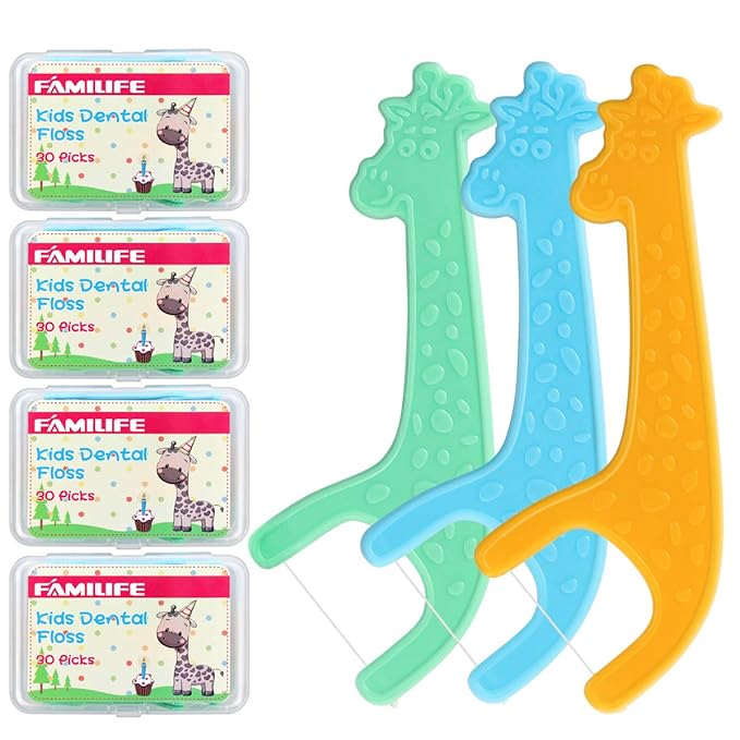 FAMILIFE Floss Picks, 120 Pcs Kid's Dental Floss Cleaner Without Fluoride, Tooth Pick Flossers with 4 Travel Handy Cases, Helps to Fight Tooth Decay and Keep Your Kids’ Teeth Clean, for Family