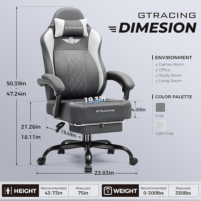 GTPLAYER Big and Tall Gaming Chair Breathable Fabric Computer Chair with Strong Lumbar Support, Comfortable Office Chairs with Pocket Spring Cushion, High Back Ergonomic Desk Chairs with Footrest