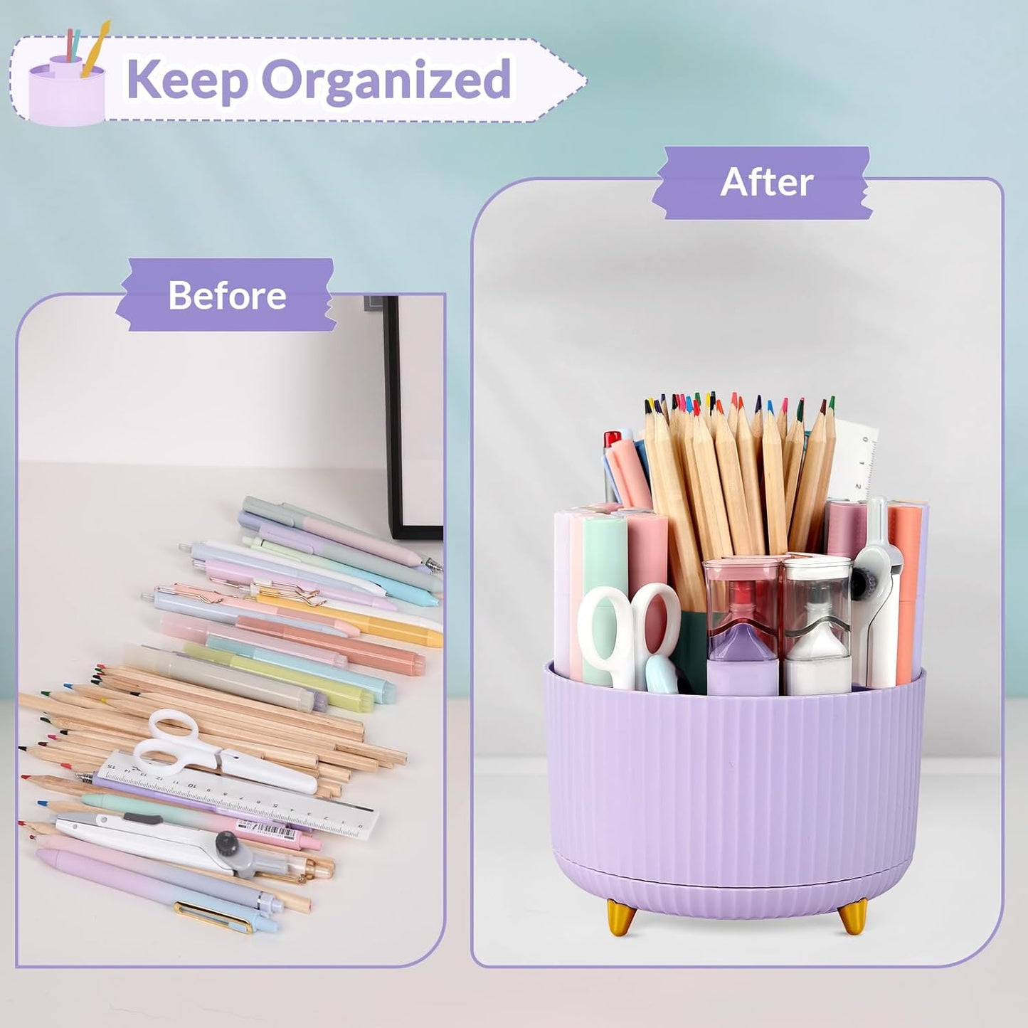 SKYDUE 2 Pack Pen Holder, 360 Degree Rotating Pencil Holder for Desk Organizer, Rotating Desktop Pen Organizer with 5 Slots, Office Supplies, Pencil Cup for Office, School, Home