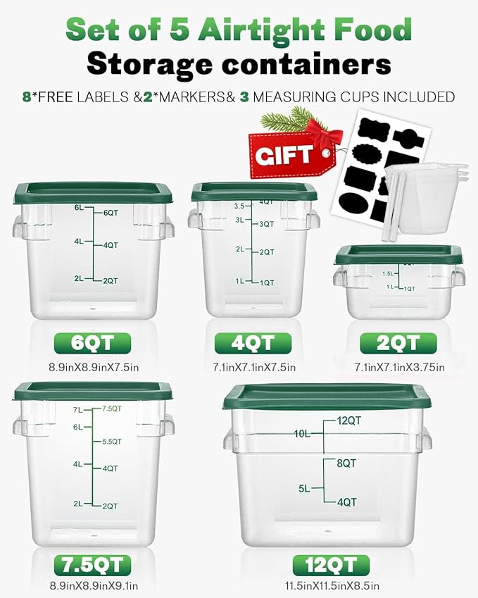 2&4QT NSF Food Storage Containers with Lids: 6 PCS [Total Food Grade][Hot&Cold Resistant] Commercial Clear Food Storage Containers for Restaurant Kitchen Proof Dough, Measuring Spoons Included(Green)