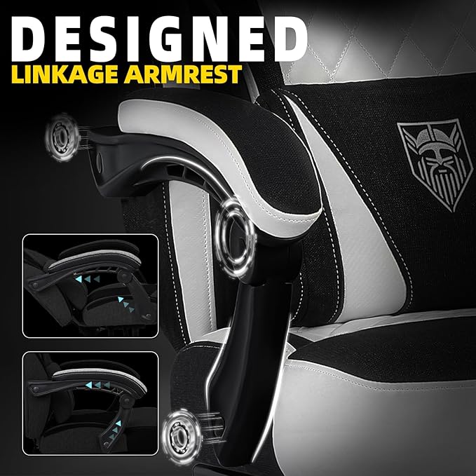 Vonesse Gaming Chair, Reclining Fabric Gaming Chairs for Adults 250LBS, Office Chair with Pocket Spring Cushion, Computer Chair with Footrest and Massage Lumbar Support (White/Black)
