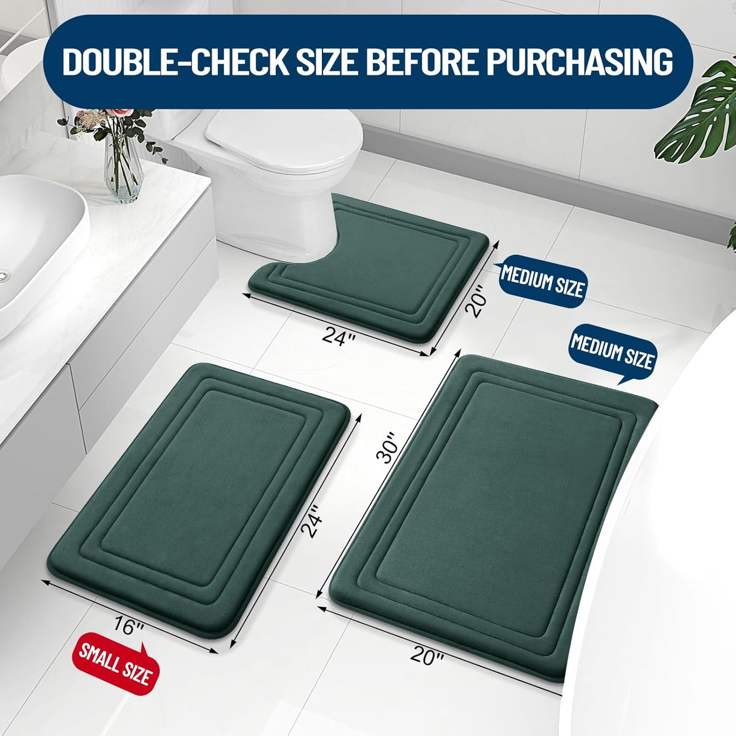 Grandaily Memory Foam Bath Mat Rug 24x16, Ultra Soft, Non-Slip and Absorbent Bathroom Rugs, Machine Wash Dry, Comfortable Bath Carpet for Bathroom Floor, Tub and Shower, Dark Green