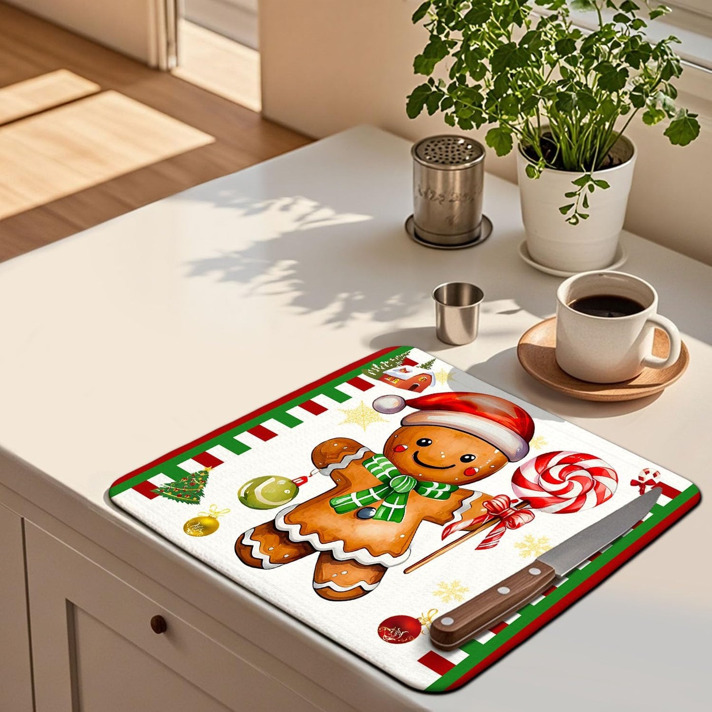 Christmas Drying Mat for Kitchen Counter 16" X 18" Gingerbread Dish Drying Mat for Kitchen Decor Gold Bells and flowers Xmas Drying Mats For Home Counter Drying Mats For Dishes Dish Mat Drying Mat