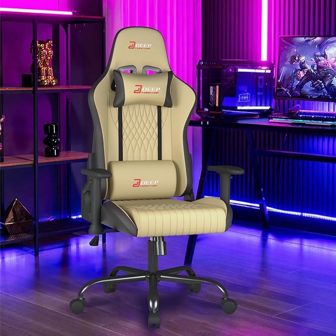 Video Game Chair Ergonomic Comfortable Gaming Office Chair Height-Adjustable with a 360° Swivel Base and Headrest(1002-Beige)