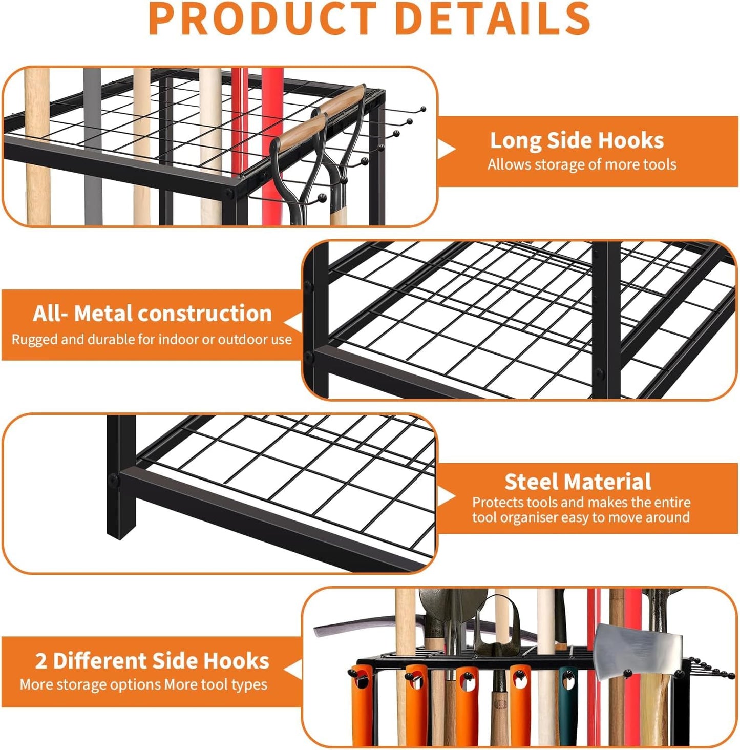 HobbyField Garden Tool Organizer, 15 * 15 * 27 Yard Tool Storage Rack for Garage, Shed, and Outdoor Use, Partitioned Tool Stand for Rakes, Shovels, Brooms, and More