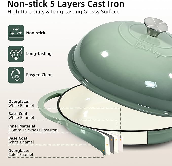 Davivy 6QT Cast Iron Oval Dutch Oven with Silicone Baking Mat, Bread Dutch Oven for Sourdough Bread Baking 6QT, Cast Iron Loaf Pan with Domed Lid - Sea Salt Green