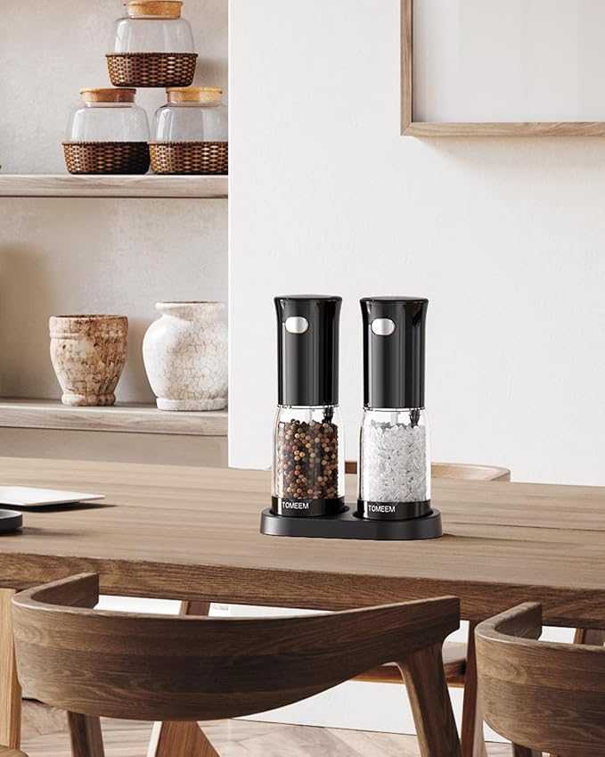 TOMEEM Electric Salt and Pepper Grinder Set – Rechargeable with LED Power Indicator, 5-Level Adjustable Grinding, LED Light, 4.5oz Large Capacity Salt and Pepper Shakers with Storage Base