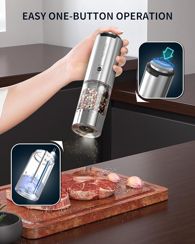 CIRCLE JOY Electric Pepper Grinder Stainless Steel Rechargeable Pepper Mill with Variable Grinding Speed, External Adjustable Coarseness, 95ml Container and White LED Light, Silver