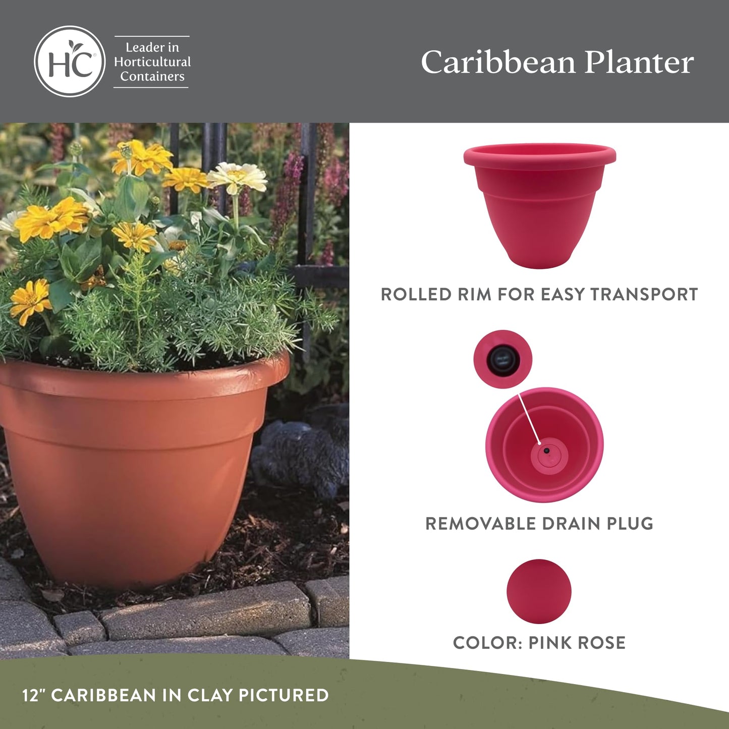 The HC Companies Caribbean Planter Pot - Outdoor & Indoor Plant Pot with Drainage Hole & Plug - Rolled Rim Plastic Pots for Plants & Flowers - Decorative Plant Pot (16" Pink Rose, Pack of 1)