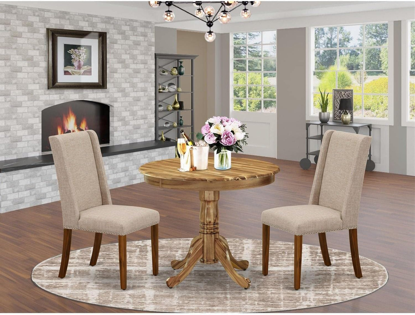 East West Furniture ANFL3-ANA-04 3 Piece Kitchen Table Set Contains a Round Dining Room Table with Pedestal and 2 Light Tan Linen Fabric Upholstered Chairs, 36x36 Inch, Natural