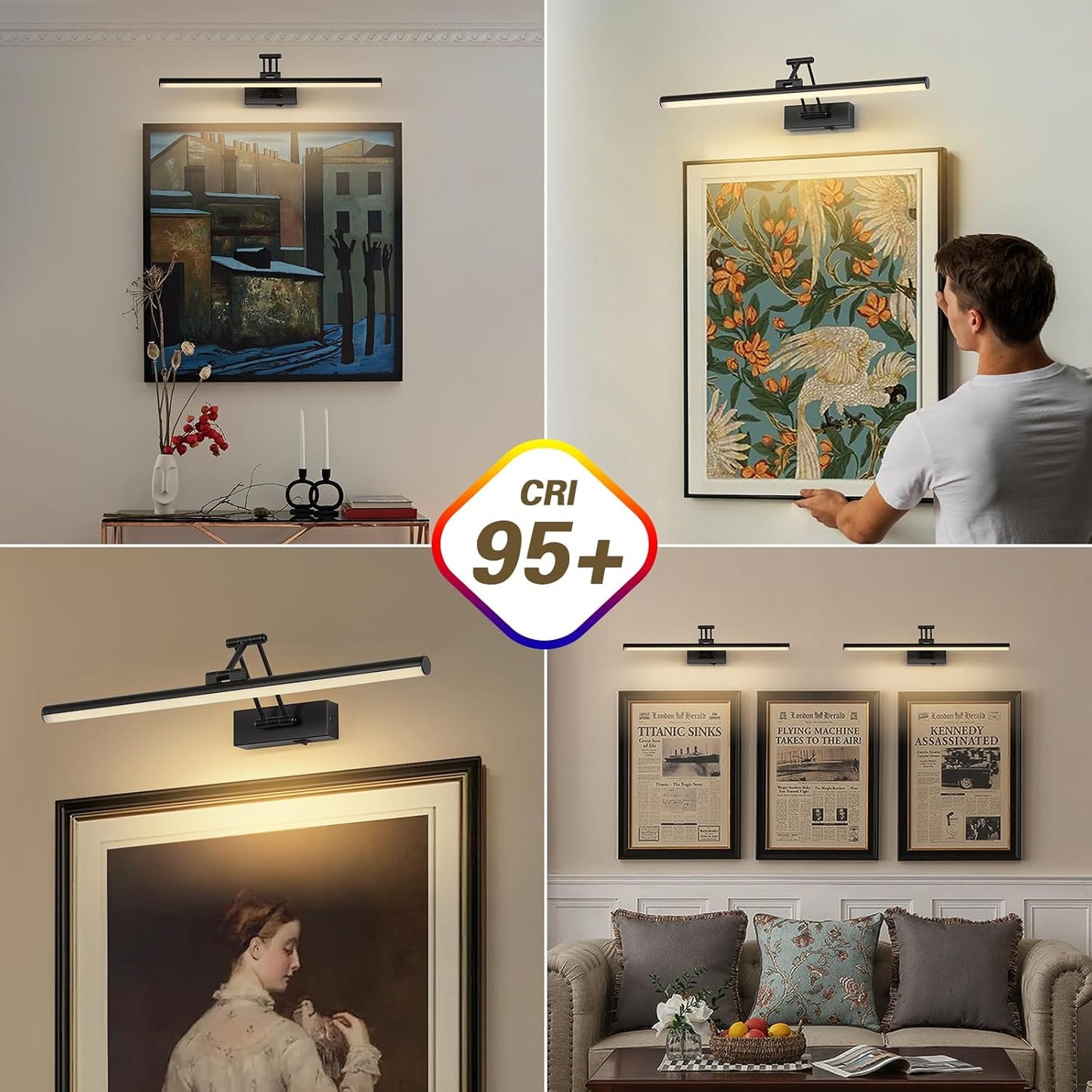 Joossnwell Battery Operated Picture Lights with Remote Wireless Art Lighting for Wall 23.62 Inch Rechargeable Painting Light Black Frame Light Dimmable 3CCT Gallery Light for Library Portrait