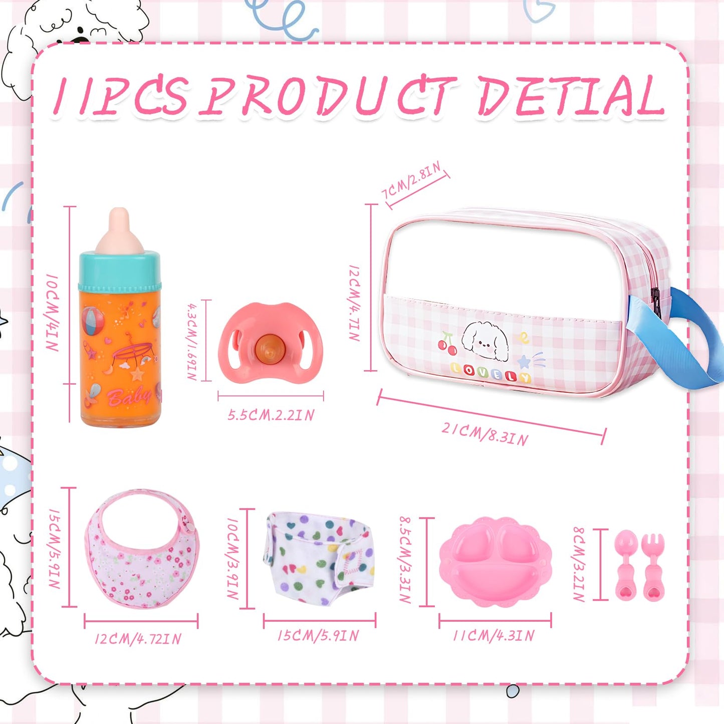 CARANOVO Baby Doll Accessories Set – 7 Pcs Feeding Bottle Toys, Magic Disappearing Milk & Juice, Pretend Play Set with Pacifiers, Reusable Bibs and Diapers, Kids Gift