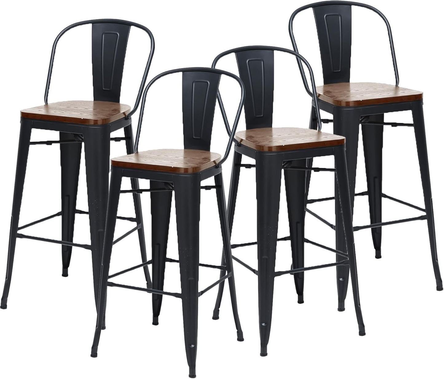 Changjie Furniture 30 Inches Metal Barstools Set of 4 Counter Height Bar Stools Industrial Stools with Backs High Back Chairs for Kitchen Island (30 Inch, Black)