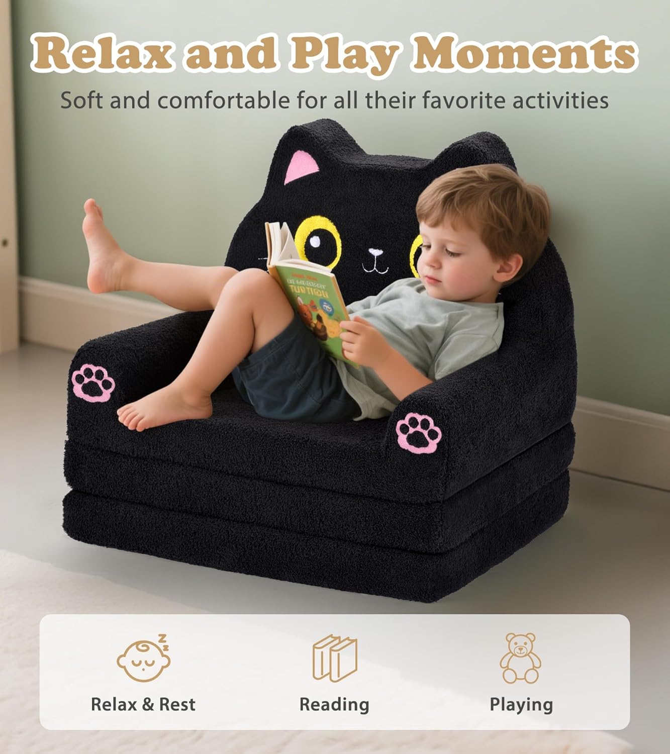 Kids Couch, 2-in-1 Soft Toddler Couch Fold Out with Blanket, Chair Comfy, Foldable Convertible Plush Sofa to Lounger, Gifts for Kids Girl Boys, Black Kitty