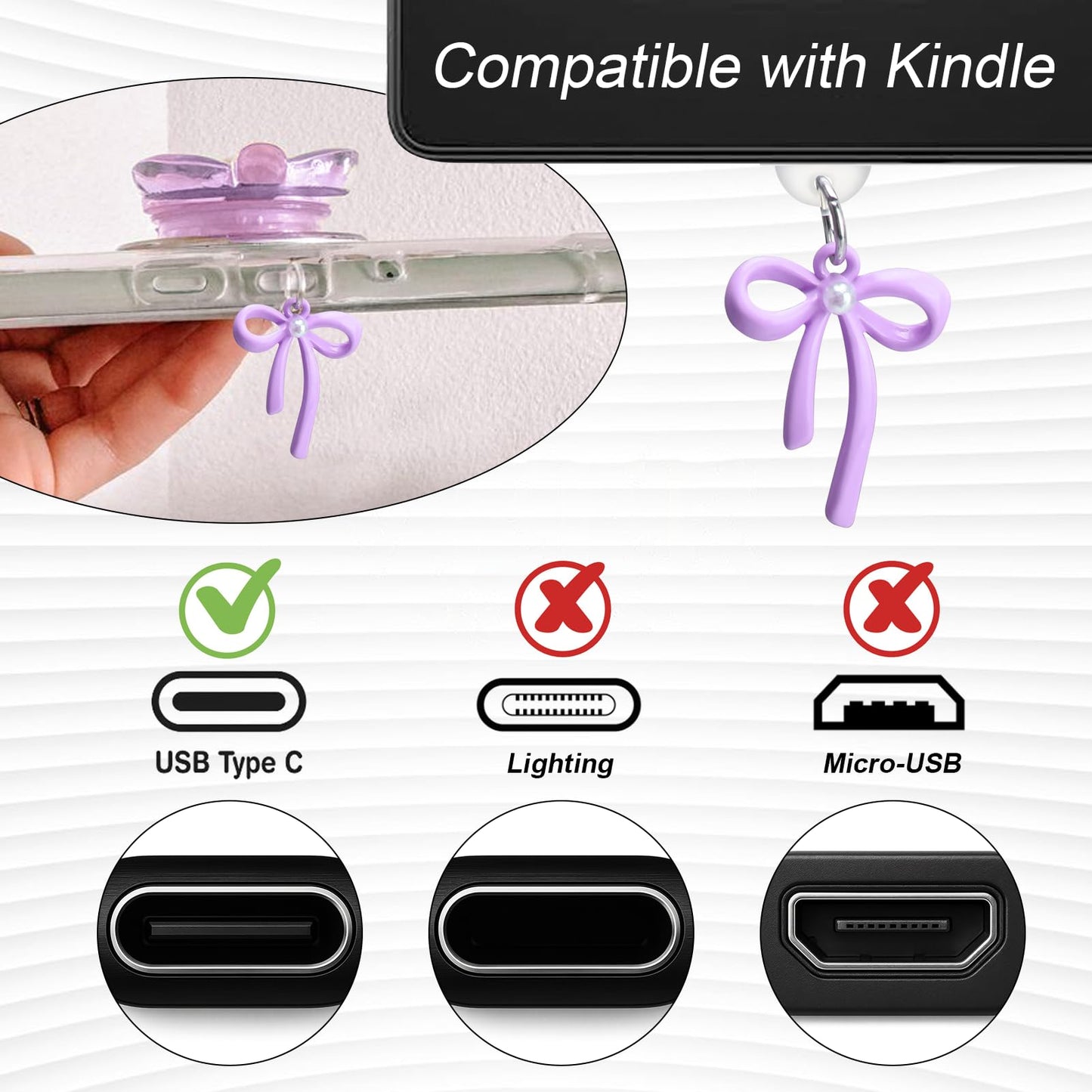 Aiersa Cute Charms Set For Kindle,Including Dust Plug Charm Type C/Usb C,Heart Grip Holder,Bling Keychains With Hook For Kindle