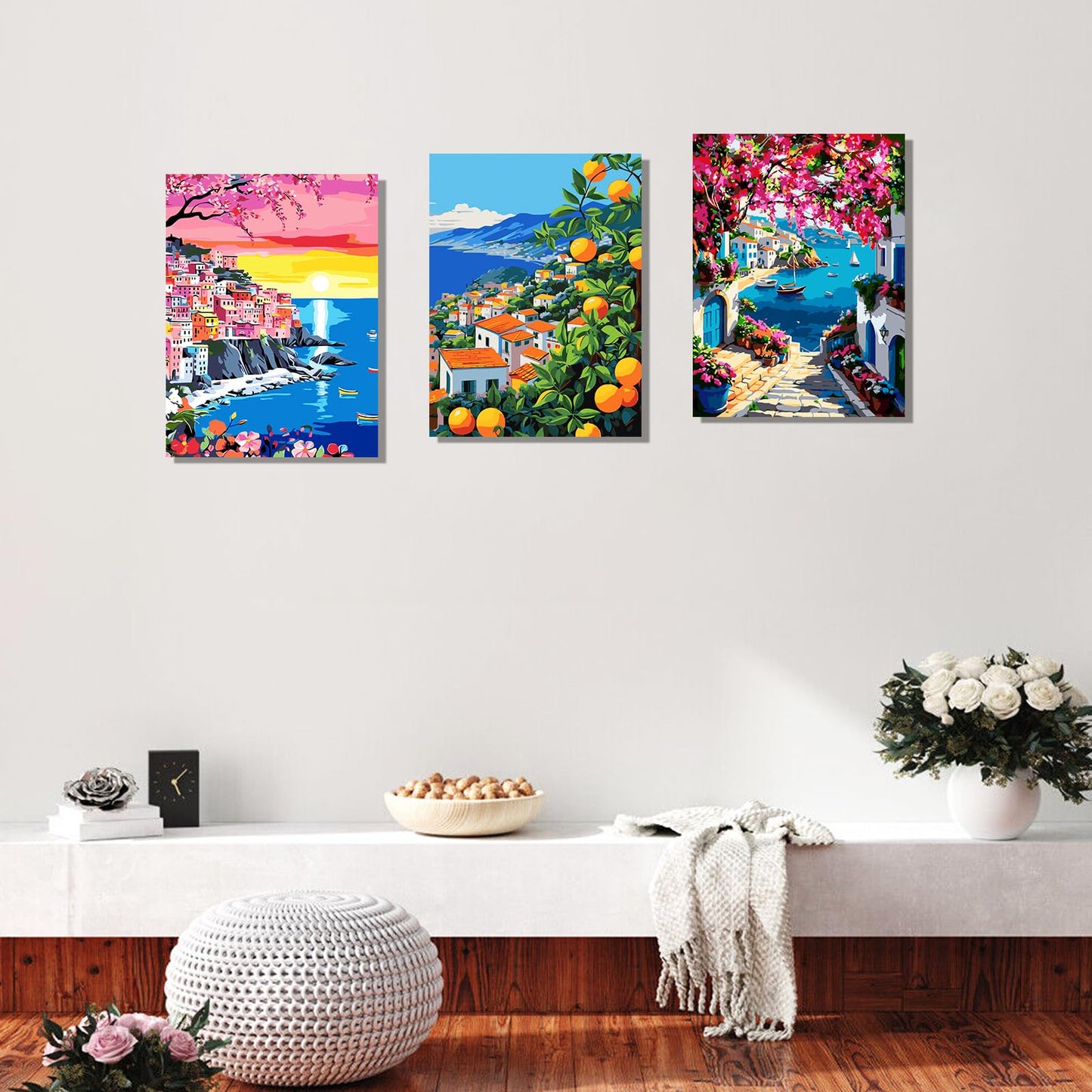 6 Pack DIY Paint by Number Kit for Adults - Mediterranean Coastal Scenery Oil Painting Set, 12x16 Inch Canvas (No Frame), 18 Vivid Acrylic Paints - Stress Relief Art Craft for Home Decor & Gifts