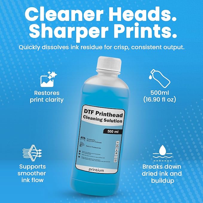 DTF Printhead Cleaning Solution 500ML (16.9 fl oz) – Nozzle Cleaner for All DTF Printheads Including I3200, XP600, L1800, ET8550, XP15000 – Removes Clogs & Dried Ink, Restores Smooth Flow
