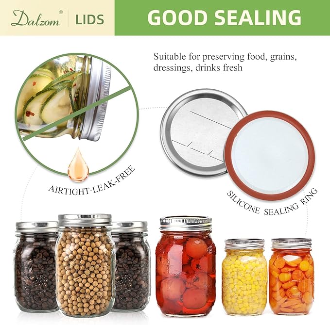 Dalzom® 144Pcs Canning Lids with Rings Wide Mouth, Premium Mason Jar Lids with Rings for Ball, Kerr Jars - Food Grade Material, 100% Fit & Airtight for Wide Mouth Mason Jars
