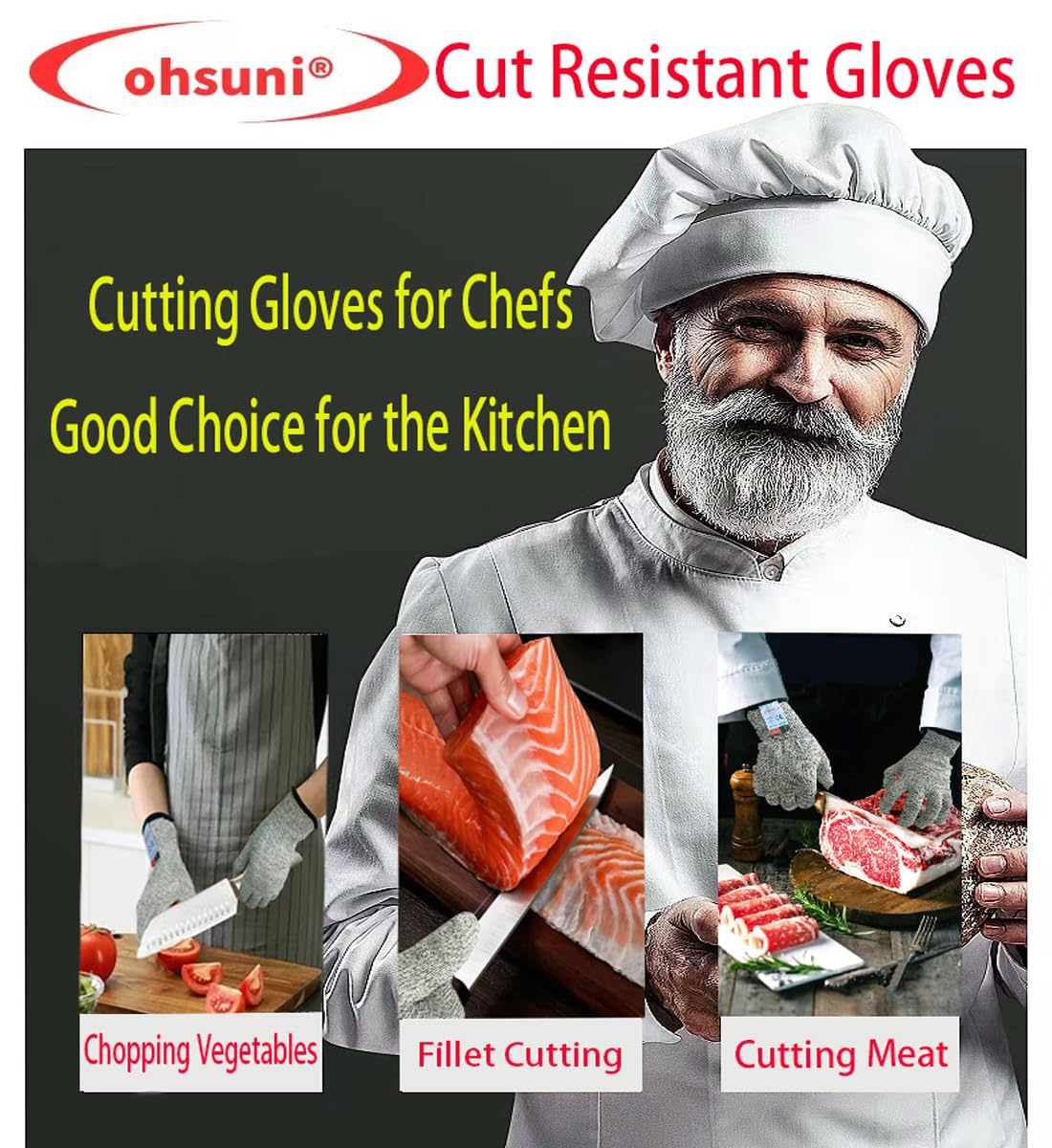 ohsuni Cutting Gloves, 2 Pairs of Cut Resistant Gloves Food Grade, Cut Resistant Gloves for Kitchen, Oyster Shucking, Fish Fillet Processing, Carving Wood and Gardening(Medium-Grey)